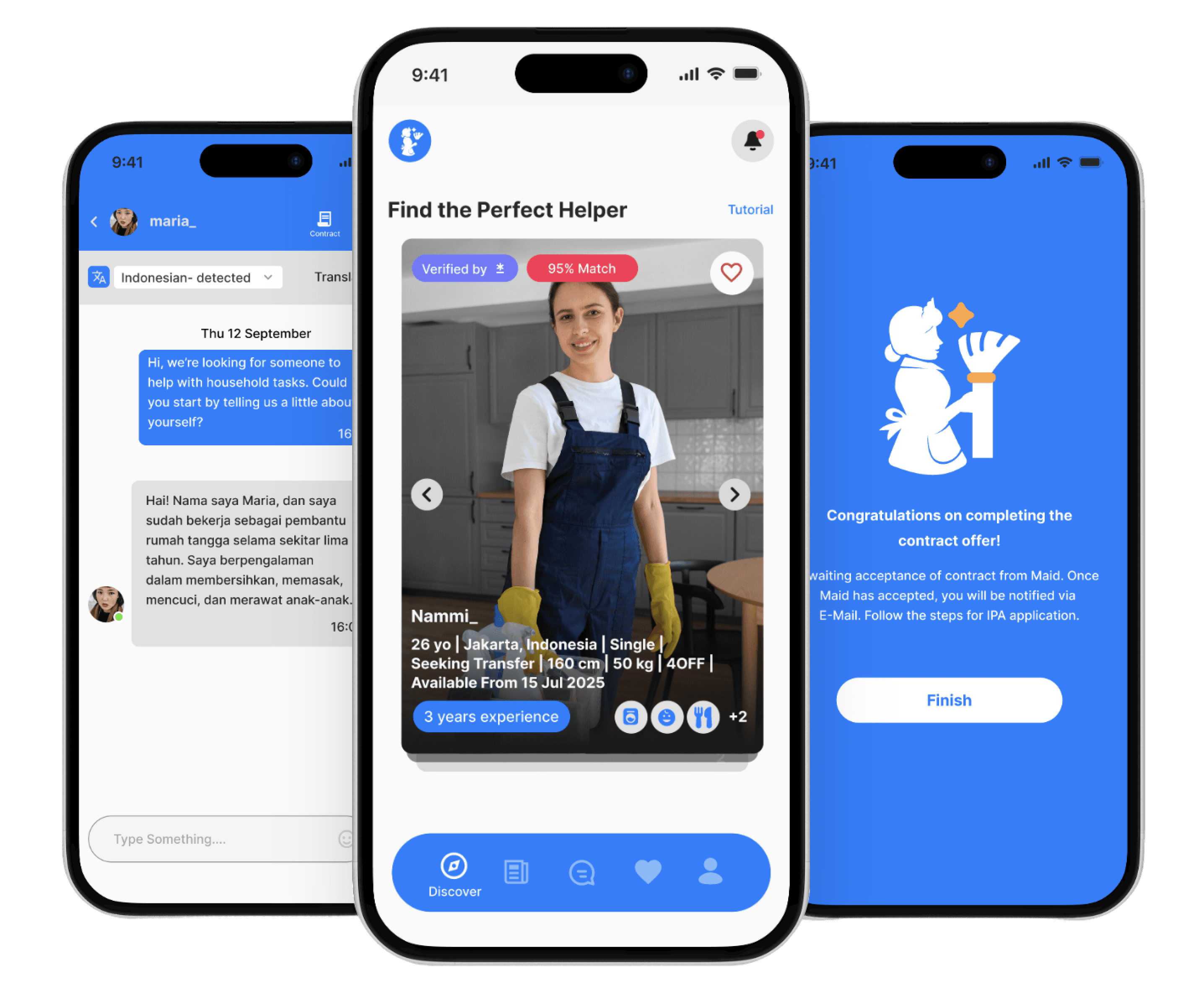 Maid Without Borders app — in-app chat, verified helper discovery, and contract completion screens